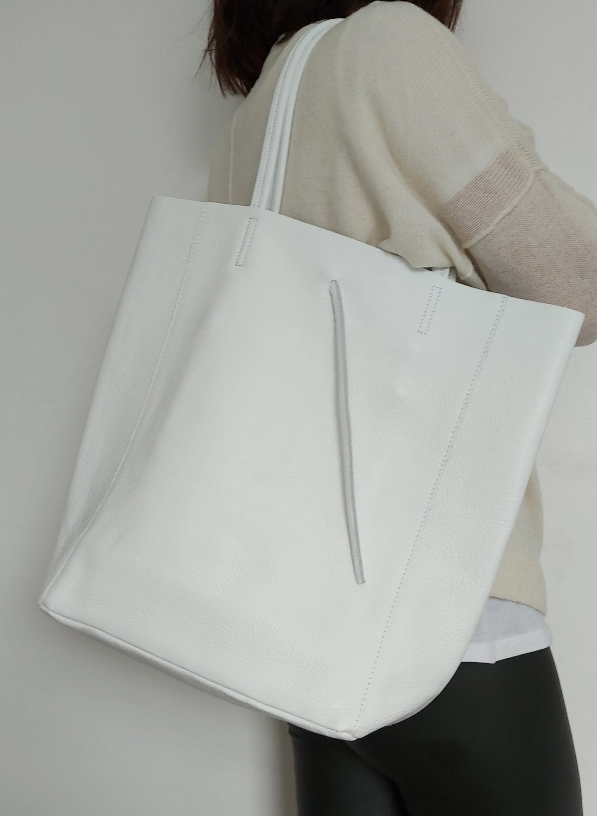 White Genuine Leather Shopper Bag Large Leather Tote Bag