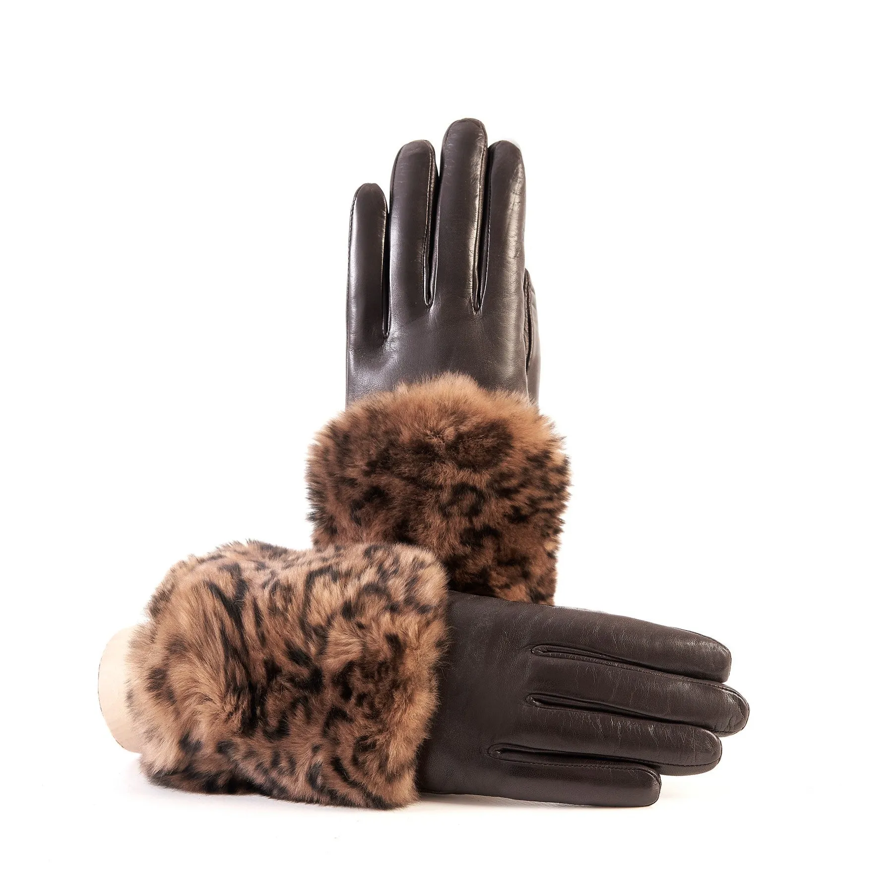 Women's brown nappa leather gloves with a printed leo wide real fur panel on the top and cashmere lined