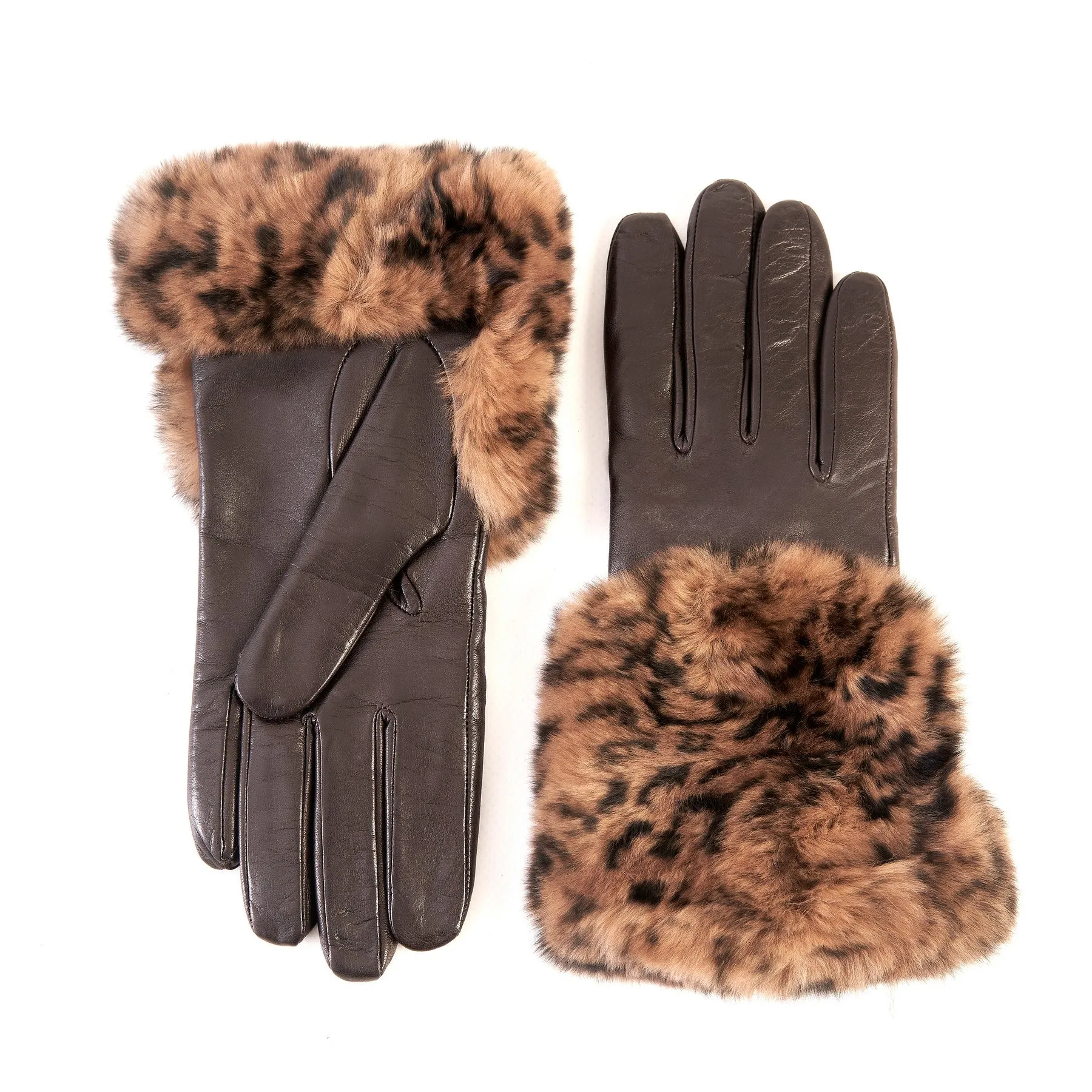 Women's brown nappa leather gloves with a printed leo wide real fur panel on the top and cashmere lined